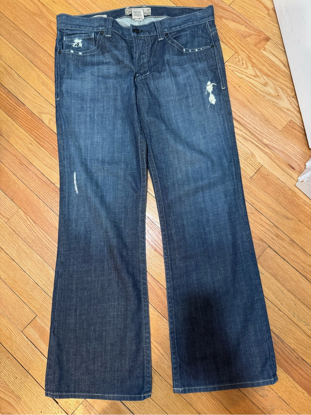 William Rast Billy Flare Dark Blue Flared Jeans with Distressed Details USA